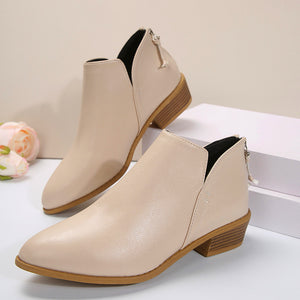 Pointed Toe Chunky Heel Booties Women's Back Zipper