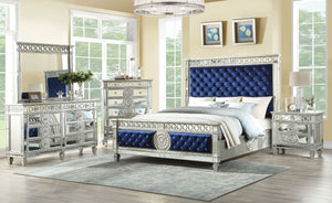 ACME VARIAN BLUE VELEVET MIRRORED BEDROOM SET (4 PC)