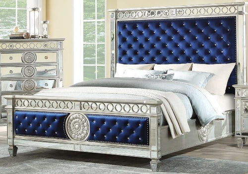 ACME VARIAN BLUE VELVET & MIRRORED QUEEN BED