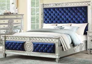 ACME VARIAN BLUE VELEVET MIRRORED BEDROOM SET (4 PC)