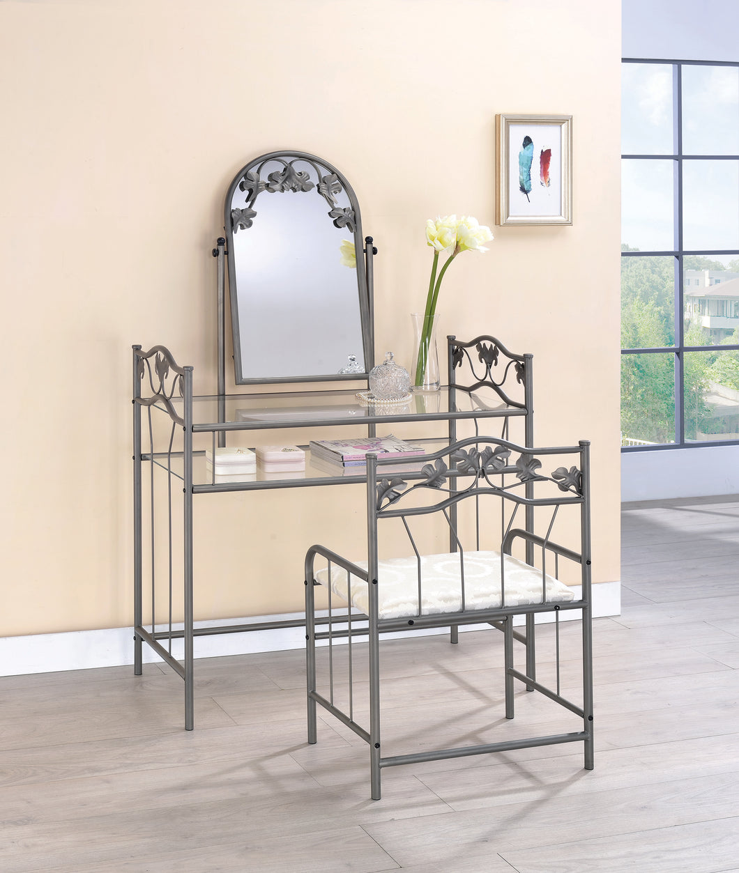 COASTER OFFICE-ACCESSORY 2-PIECE METAL VANITY SET WITH GLASS TOP PEWTER AND IVORY