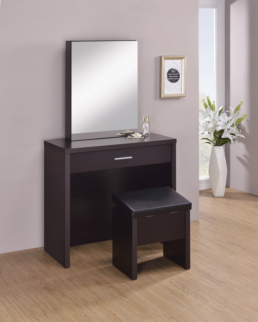 COASTER OFFICE-ACCESSORY 2-PIECE VANITY SET WITH LIFT-TOP STOOL CAPPUCCINO