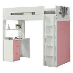 ACME NERICE WHITE & PINK FINISH TWIN LOFT BED W/DESK & WARDROBE