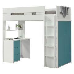 ACME NERICE WHITE & TEAL FINISH TWIN LOFT BED W/DESK & WARDROBE