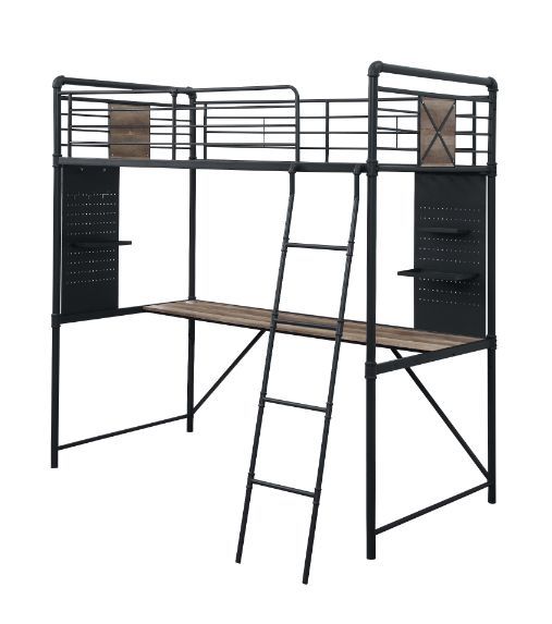 ACME CORDELIA ANTIQUE OAK, SANDY BLACK & DARK BRONZE HAND-BRUSHED FINISH TWIN LOFT BED W/DESK