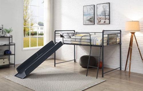 ACME CORDELIA ANTIQUE OAK, SANDY BLACK & DARK BRONZE HAND-BRUSHED FINISH TWIN LOFT BED W/SLIDE