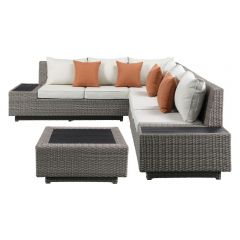 ACME SALENA BEIGE FABRIC & GRAY WICKER PATIO SECTIONAL SOFA & COFFEE TABLE