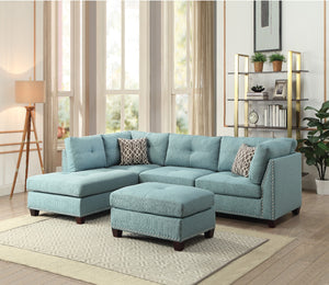 ACME LAURISSA LIGHT TEAL LINEN SECTIONAL SOFA & OTTOMAN W/2 PILLOWS