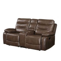 ACME AASHI BROWN LEATHER-GEL MATCH MOTION LOVESEAT W/CONSOLE