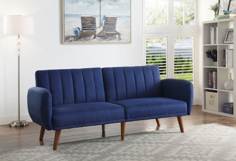 ACME BERNSTEIN BLUE LINEN & WALNUT FINISH ADJUSTABLE SOFA