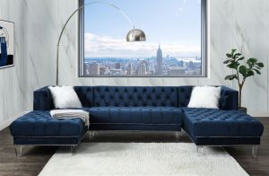 ACME EZAMIA NAVY BLUE VELVET SECTIONAL SOFA