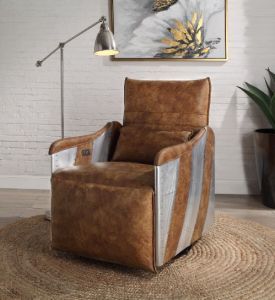 ACME QALURNE TWO TONE MOCHA TOP GRAIN LEATHER & ALUMINUM POWER MOTION RECLINER W/SWIVEL FUNCTION