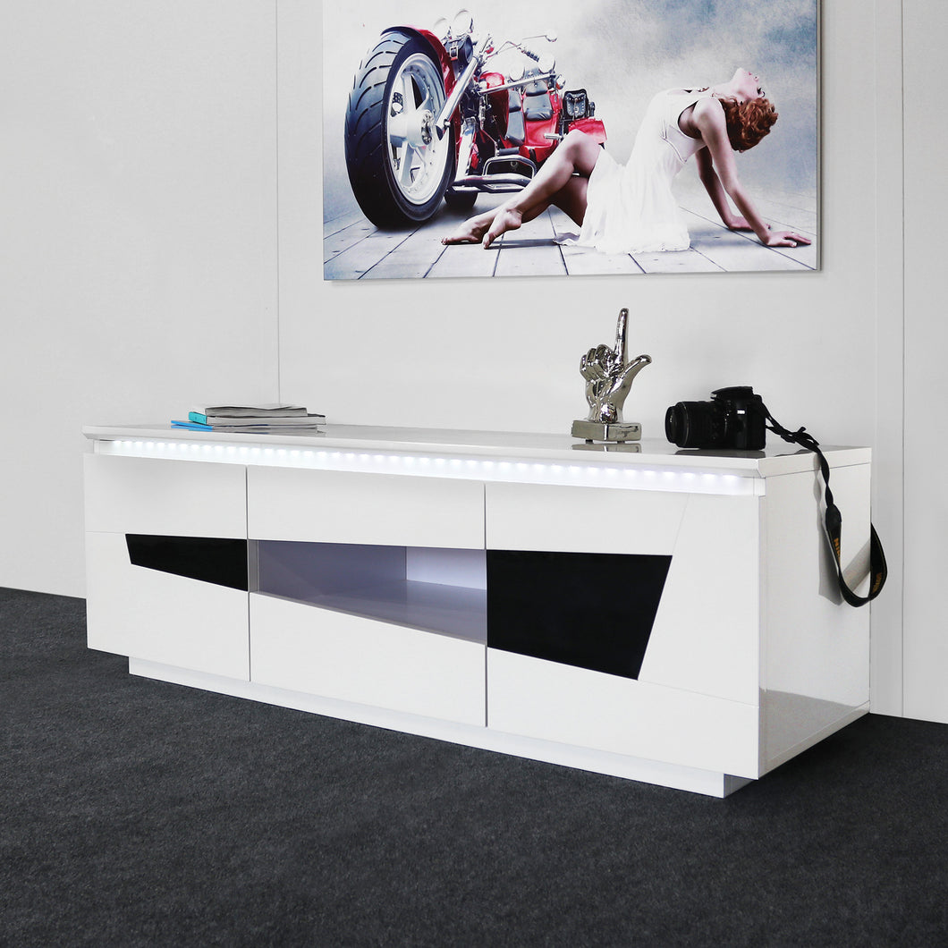 White & Black TV Stand/Console, High Gloss MDF, LED Lights, 2 Doors, Self Closing, Modern Living Room