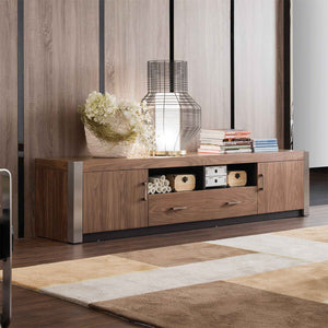 Walnut TV Stand/Console, High Gloss MDF, 2 Doors, 2 Drawers, Chrome Corners, Modern Living Room