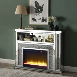 ACME NORALIE MIRRORED & FAUX DIAMONDS FIREPLACE W/LED