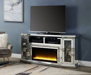 ACME NORALIE MIRRORED & FAUX DIAMONDS TV STAND W/FIREPLACE & LED