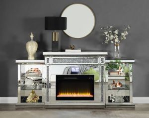 ACME NORALIE MIRRORED & FAUX DIAMONDS FIREPLACE W/BLUETOOTH