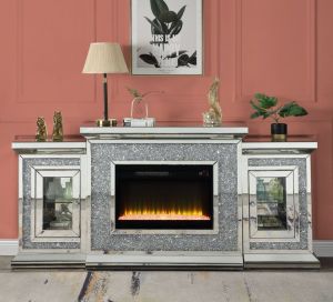 ACME NORALIE MIRRORED & FAUX DIAMONDS FIREPLACE W/LED