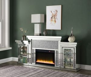 ACME NORALIE MIRRORED & FAUX DIAMONDS FIREPLACE W/LED