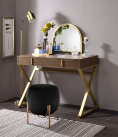 ACME COLEEN WALNUT & GOLD FINISH VANITY DESK W/MIRROR & JEWELRY TRAY