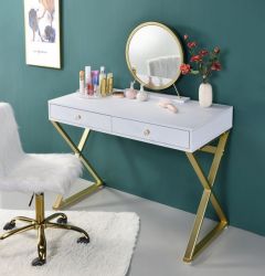 ACME COLEEN WHITE & GOLD FINISH VANITY DESK W/MIRROR & JEWELRY TRAY