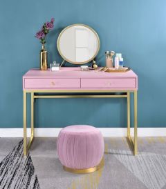 ACME COLEEN PINK & GOLD FINISH VANITY DESK W/MIRROR & JEWELRY TRAY