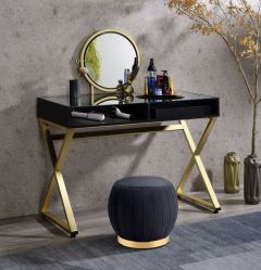 ACME COLEEN BLACK & GOLD FINISH VANITY DESK W/MIRROR & JEWELRY TRAY