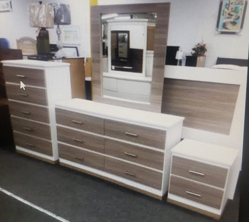 AVI WHITE BEDROOM SET WITH SANDLEWOOD FINISH (6 PC)