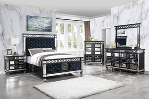 ACME VARIAN II MIRRORED, DARK NAVY VELVET & BLACK & SLIVER FINISH EK BED