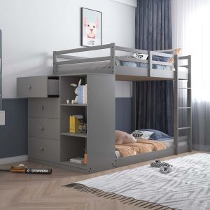 ACME GASTON GRAY FINISH TWIN/TWIN BUNK BED W/4 DRAWERS & 3 COMPARTMENTS