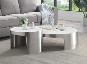 ACME ABILENE MARBLE TOP & BRUSH SILVER FINISH COFFEE TABLE