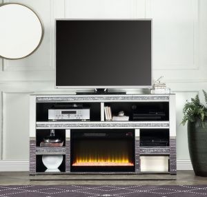 ACME NORALIE MIRRORED & FAUX DIAMONDS TV STAND W/FIREPLACE