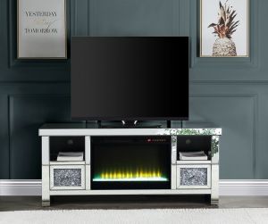 ACME NORALIE MIRRORED & FAUX DIAMONDS TV STAND W/FIREPLACE