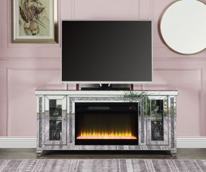 ACME NORALIE MIRRORED & FAUX DIAMONDS TV STAND W/FIREPLACE & LED