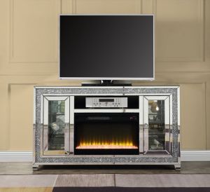 ACME NORALIE MIRRORED & FAUX DIAMONDS TV STAND W/FIREPLACE & LED