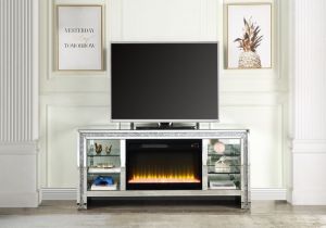 ACME NORALIE MIRRORED & FAUX DIAMONDS TV STAND W/FIREPLACE & LED