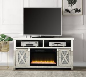 ACME NORALIE MIRRORED & FAUX DIAMONDS TV STAND W/FIREPLACE