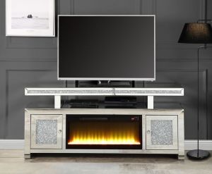 ACME NORALIE MIRRORED & FAUX DIAMONDS TV STAND W/FIREPLACE